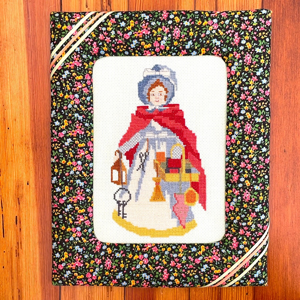 Vintage Handmade Needlework Victorian Lady Fabric Frame 90s Granny Cottagecore